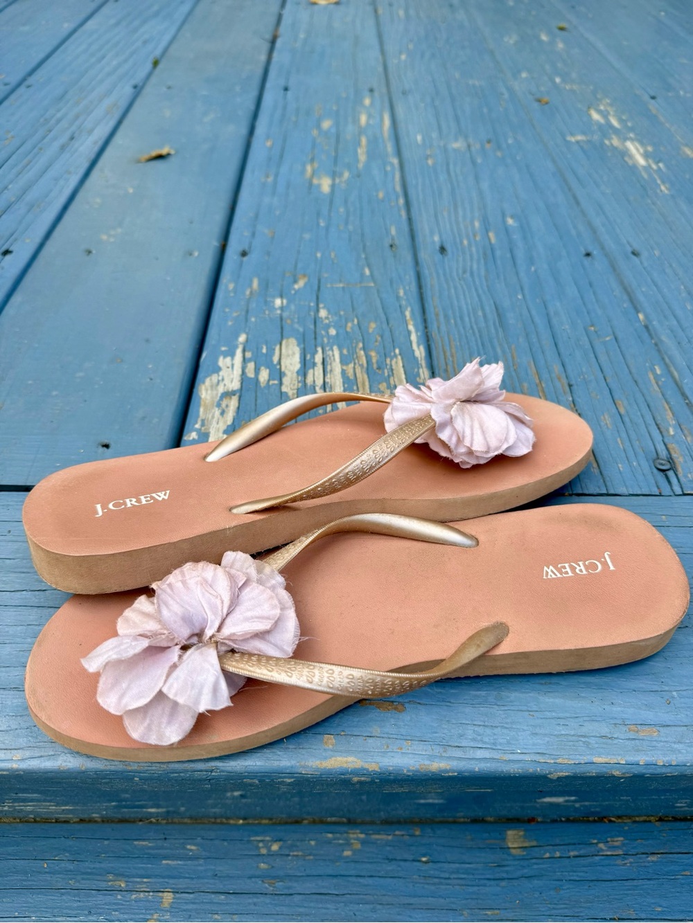 J. Crew Gold Strap Pink Floral Flip Flop Sandals